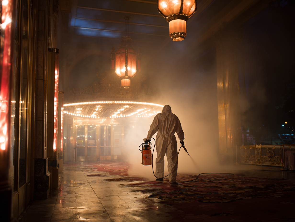 Emergency flame retardant treatment in NYC theater lobby – night-time fireproofing service